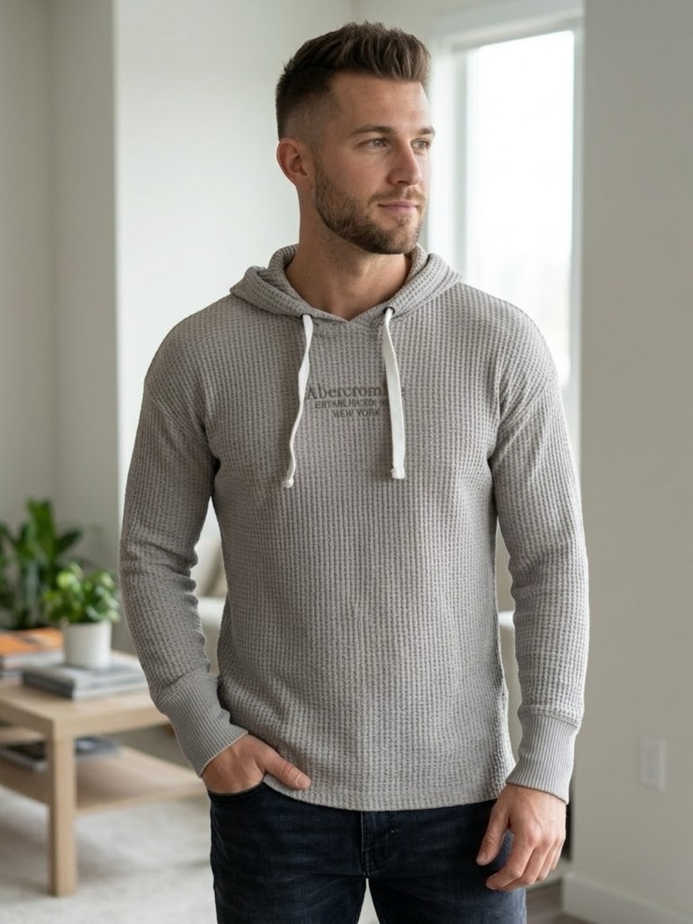 Abercrombie & Fitch Men's Hooded Waffle Knit Sweater - Gray Taupe